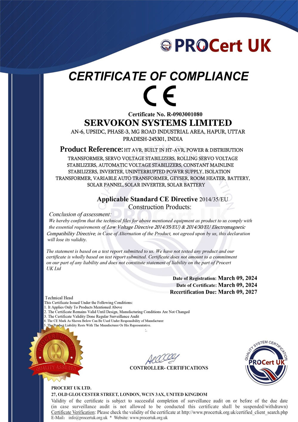 SERVOKON SYSTEMS CE MARK